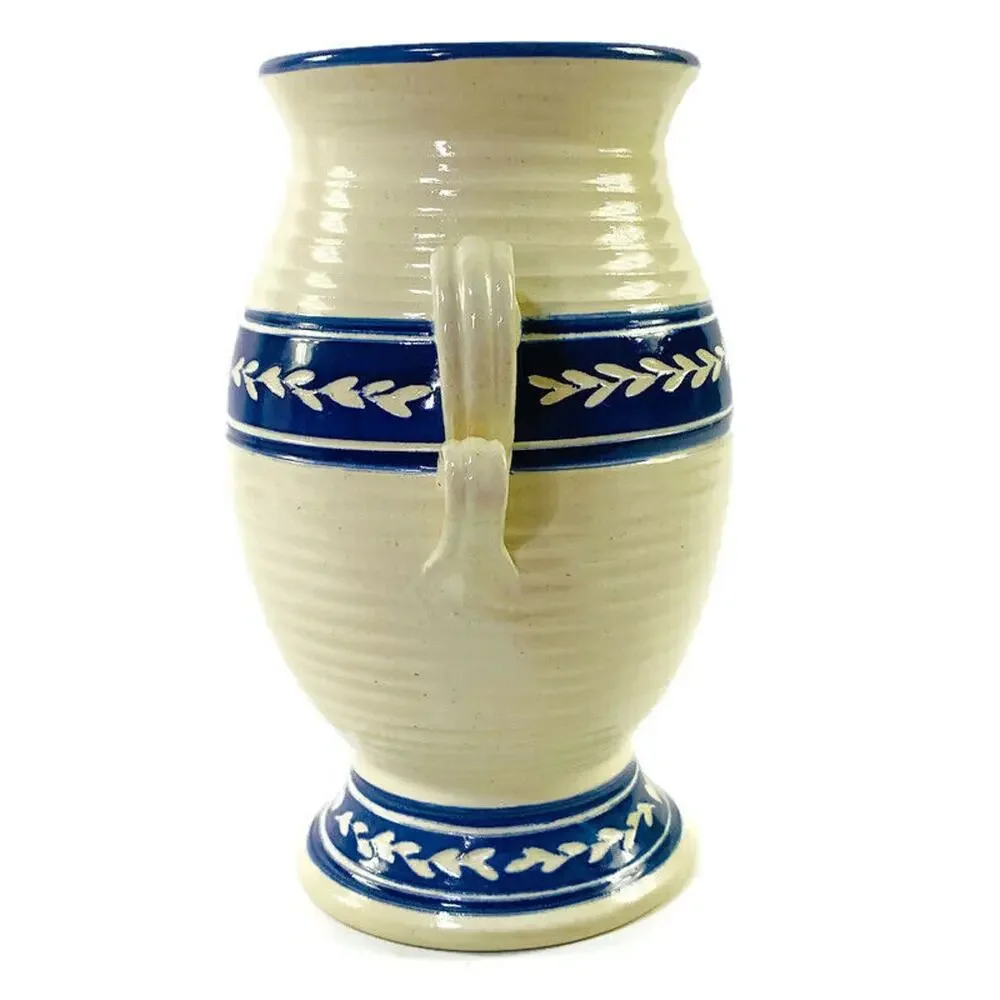 Graystone Pottery Handmade Artisan Vase Love Hearts Handles Beige and Blue 8.5